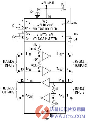 用二个三极管设计的RS-232串口接口电路图